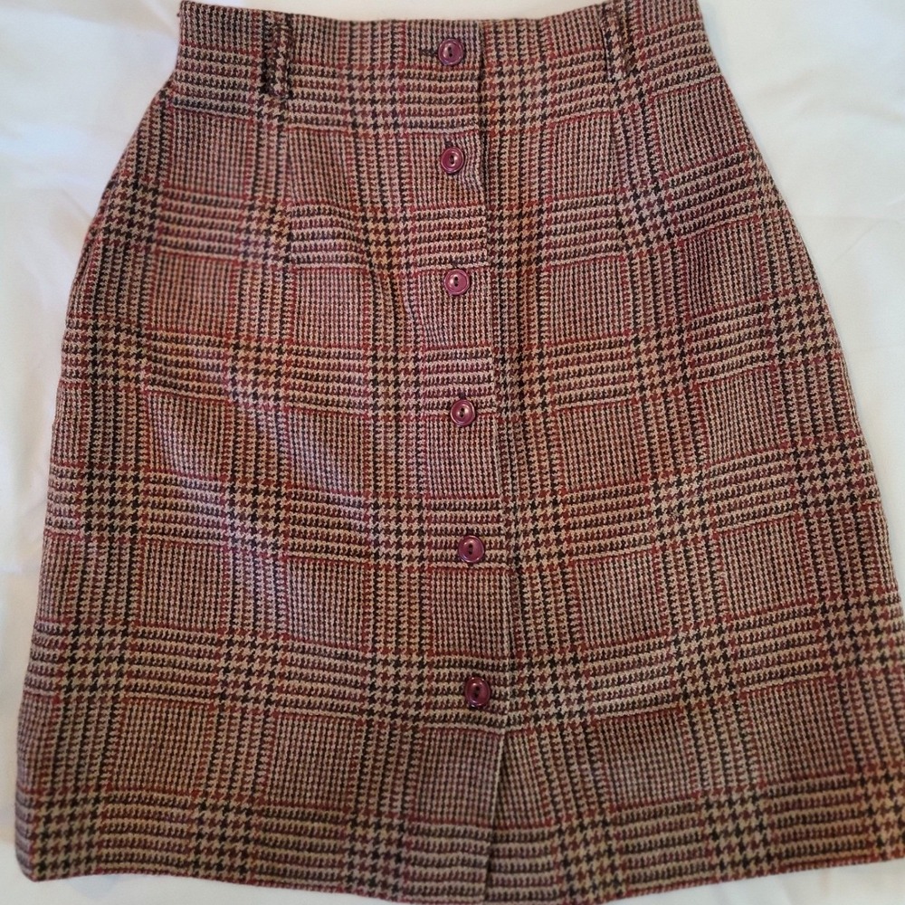 Talbots Petites Wool Plaid Button Front Pencil Skirt Brown Red 2P Vintage